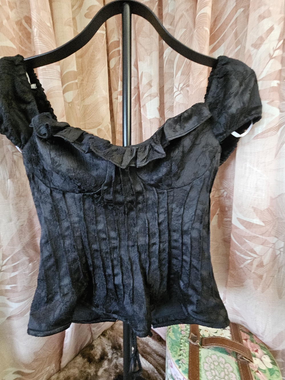 Lulu's Black Ruffle-Trim Textured Short-Sleeve Blouse